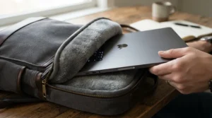 A modern business travel bag for men showing its dedicated padded laptop compartment in use.