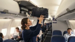 A durable business travel bag for men being stored neatly in an aircraft overhead locker.