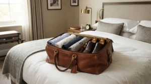 A compact business travel bag for men packed efficiently for a short overnight business trip.