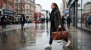 A weather-resistant business travel bag for men carried briskly down a wet city pavement.