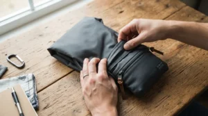 Demonstration of a foldable lightweight holdall being collapsed into its own small storage pouch