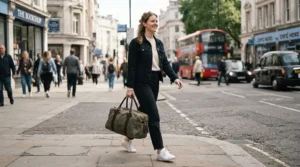 Person carrying a lightweight holdall for gym training by the top grab handles in an urban street.