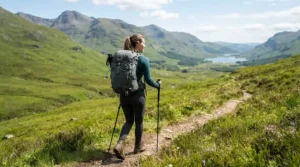 A hiker wearing a supportive, back-friendly laptop backpack on a scenic countryside walking trail
