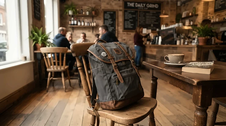 An everyday laptop backpack resting on a chair inside a cosy independent British cafe