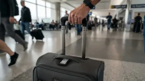 Extra-large wheeled holdall for sports kit showing its telescopic pulling handle extended