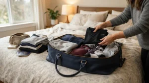 Packing workout gear inside an open, flexible lightweight holdall for gym sessions at home.