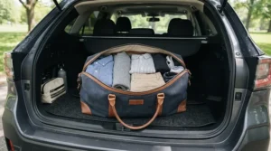 A foldable lightweight holdall neatly packed with clothing for a weekend getaway in the boot of a car