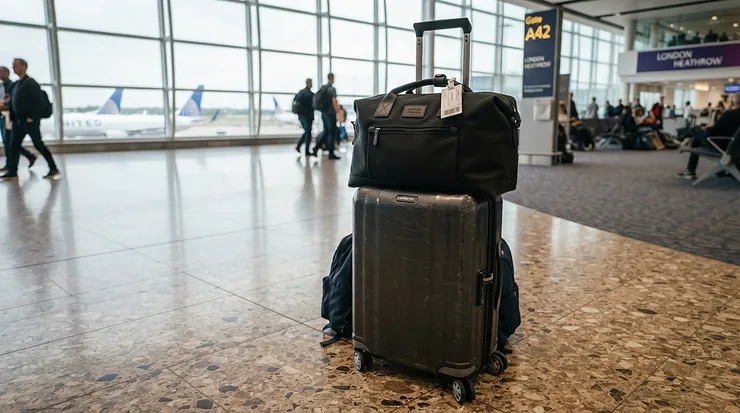 A foldable lightweight holdall securely slotted over the handle of a wheeled suitcase