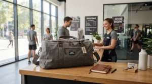 Checking in at a leisure centre counter with a grey lightweight holdall for gym clothes.