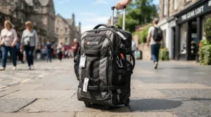 A sturdy wheeled holdall for sports kit loaded and ready for match day