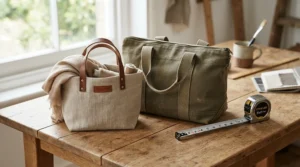 Comparing different laptop backpack sizes on a wooden desk next to a tape measure