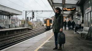Waiting for a delayed morning train with a secure laptop bag for commuting.