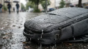 Water droplets beading on a weather-proof laptop bag for commuting in the rain.
