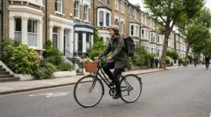Cyclist riding past red brick Victorian terrace houses wearing a laptop bag for commuting.
