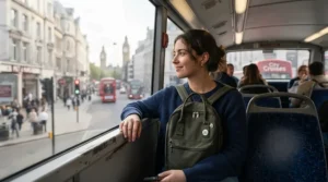 Passenger looking out of a double-decker bus window with a laptop bag for commuting.