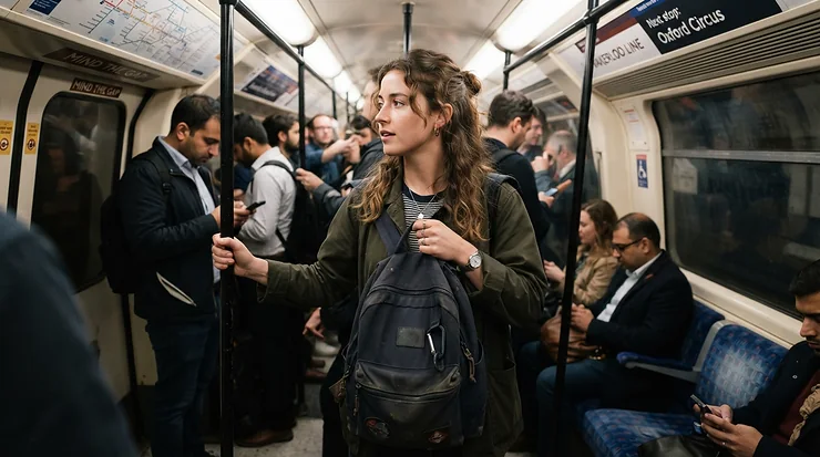 A commuter standing on a busy London Underground carriage with a laptop bag for commuting.