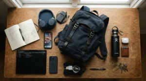 Flat lay view showing essentials inside a spacious laptop bag for commuting.