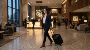 A business professional walking through a hotel lobby pulling their laptop bag with wheels.