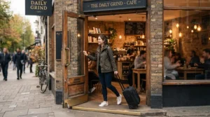 A freelancer arriving at a coffee shop with a compact laptop bag with wheels.