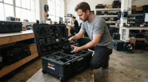 A technician carrying heavy equipment in a durable laptop bag with wheels.