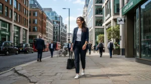 An office worker heading to work with a structured laptop bag with wheels.