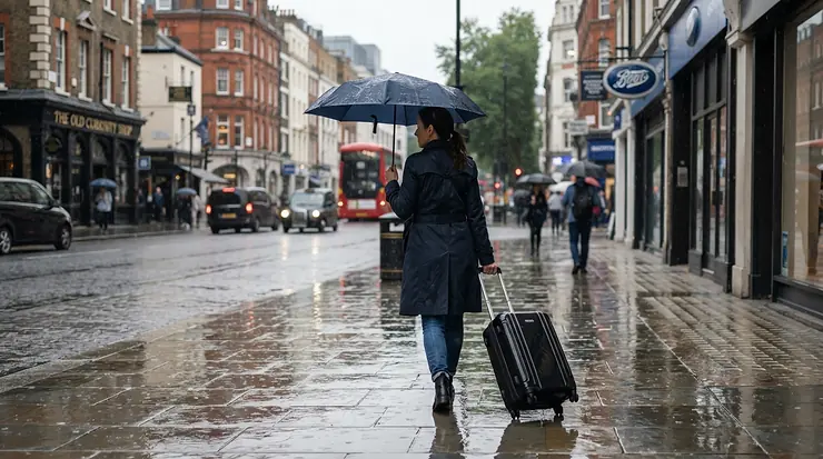 A commuter holding an umbrella while pulling a waterproof laptop bag with wheels.