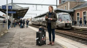 A traveler waiting on a railway platform with a sturdy laptop bag with wheels.