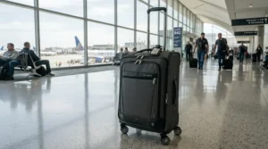 A sturdy large wheeled holdall standing by the check-in desk as a checked luggage alternative