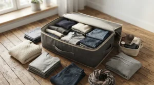 Holiday packing items laid out neatly next to an open oversized holdall on a bedroom floor