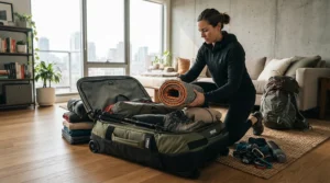 Sports gear and winter clothing organized inside a large wheeled holdall on a parquet floor