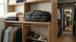 A collapsible large wheeled holdall stored away neatly on the top shelf of a fitted wardrobe