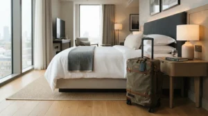 A large wheeled holdall standing beside a plush double bed in a boutique UK hotel room
