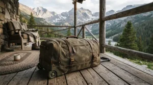 A durable large wheeled holdall packed with waterproofs for a trip to the Scottish Highlands
