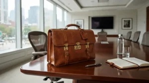 A sleek leather laptop bag for work placed beside a notebook in a corporate boardroom