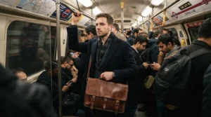 A professional commuting on a London underground train holding a stylish leather laptop bag for work