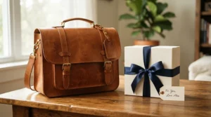 A beautifully wrapped leather laptop bag for work presented as an executive gift on a desk