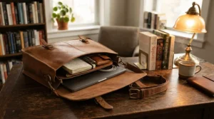 A vintage-style leather laptop bag for work resting on a wooden desk in a traditional study