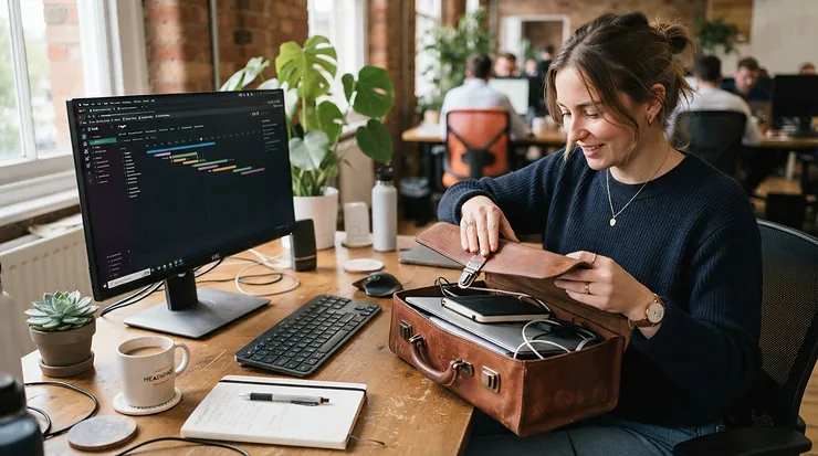 A flexible worker unzipping a leather laptop bag for work at a shared co-working hub desk