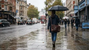 A pedestrian holding an umbrella and a water-resistant leather laptop bag for work on a wet pavement