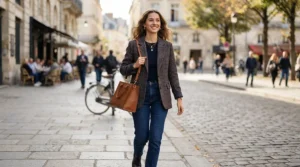 A professional wearing a tweed blazer while carrying a tan leather laptop bag for work