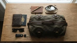 Flat lay showing a lightweight holdall for flights alongside minimalist travel essentials