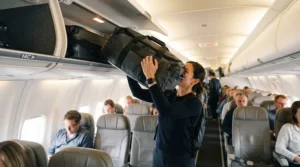 A lightweight holdall for flights being neatly stored in an overhead aeroplane locker