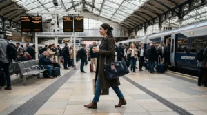 Commuter navigating a railway station platform with a lightweight holdall for flights