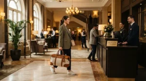 Traveler with a lightweight holdall for flights arriving at a boutique hotel lobby