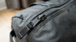 Close-up of durable zippers on a waterproof lightweight holdall for flights