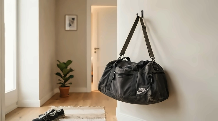 A lightweight holdall for gym gear hanging securely from a wooden wall peg in a hallway.
