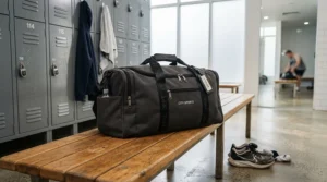 A lightweight holdall for gym use resting on a wooden bench inside a modern changing room.
