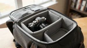 Close-up view of a padded laptop compartment inside an open travel rucksack