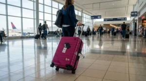 Bright red wheeled holdall for sports kit being rolled through an airport departure lounge