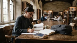 A student studying at a university library table with a slim laptop backpack nearby